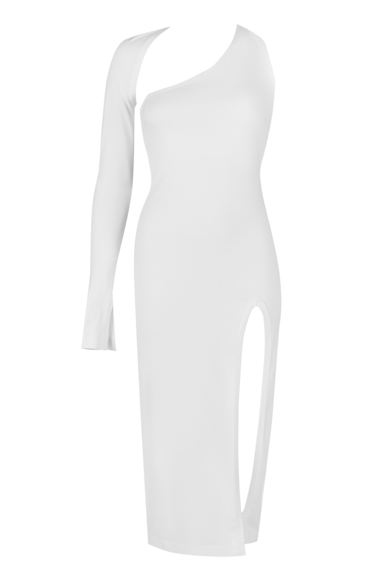 White one-sleeve jersey dress photo